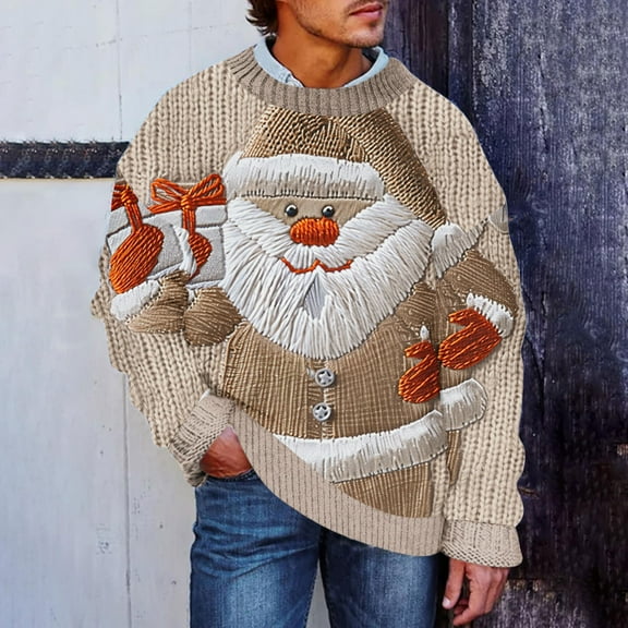 Brondbend Sweater Man Christmas Pullover Sweaters for Men Crew Neck Long Sleeved Tops Print Comfortable Loose Fit Blouse Fall Winter Weekend Clothes Beige