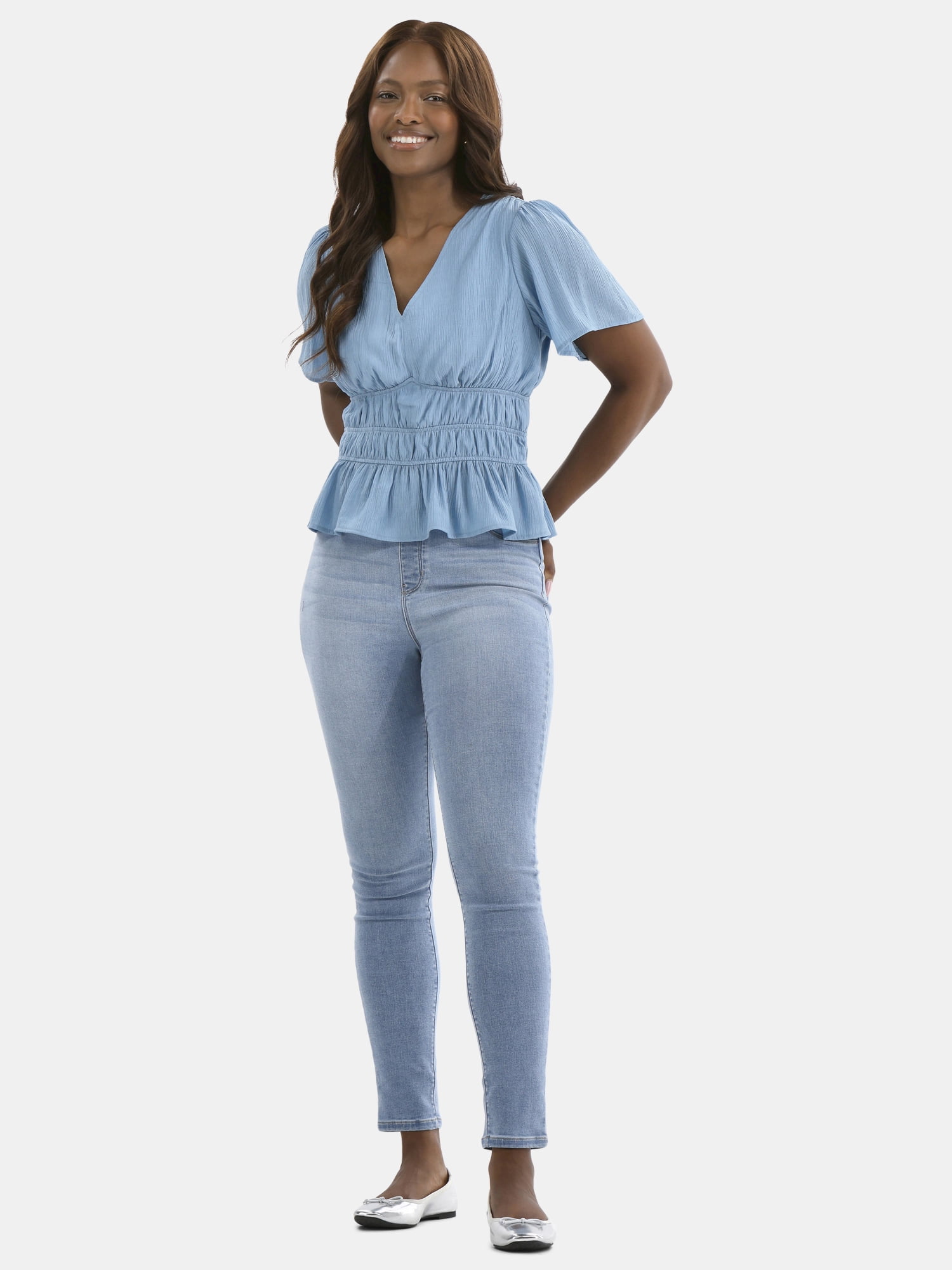 Time and Tru Women's Cinched Waist Peplum Blouse with Flutter