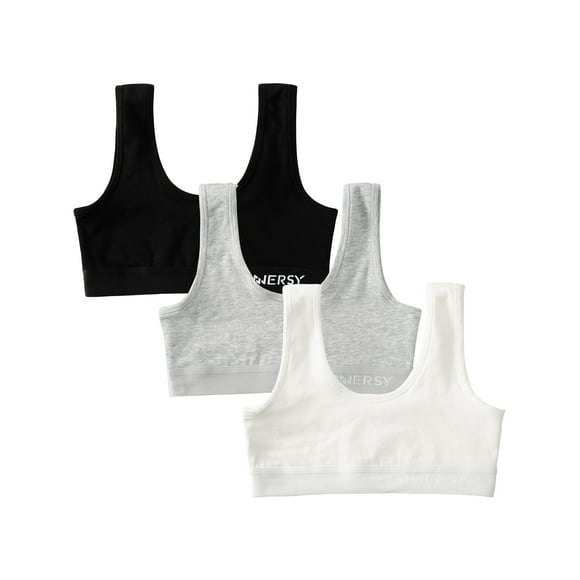 INNERSY Girls Wireless Bras Comfortable Cotton Little Girls Training Bras 3 Pack(Large,Solid Black/Grey/White)