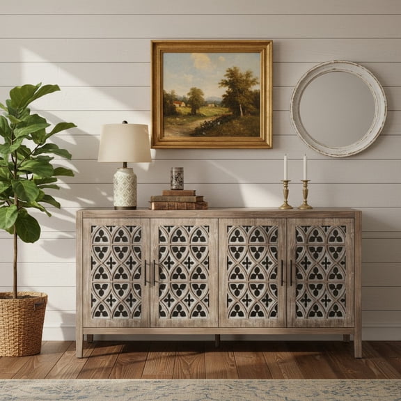 MORPAZX 60" Hollow 4 Door Accent Cabinets, Brown