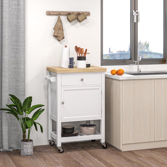 Knubmt Rolling Kitchen Cart with Drawer and Cabinet, Wood Top Kitchen Island for Living Room, Kitchen, Dining Room, White