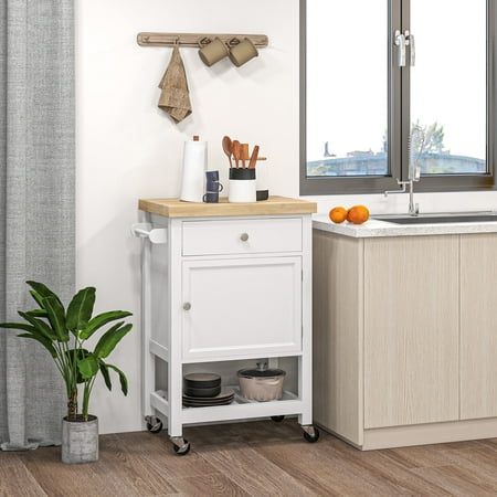 Knubmt Rolling Kitchen Cart with Drawer and Cabinet Wood Top Kitchen Island for Living Room Kitchen Dining Room White