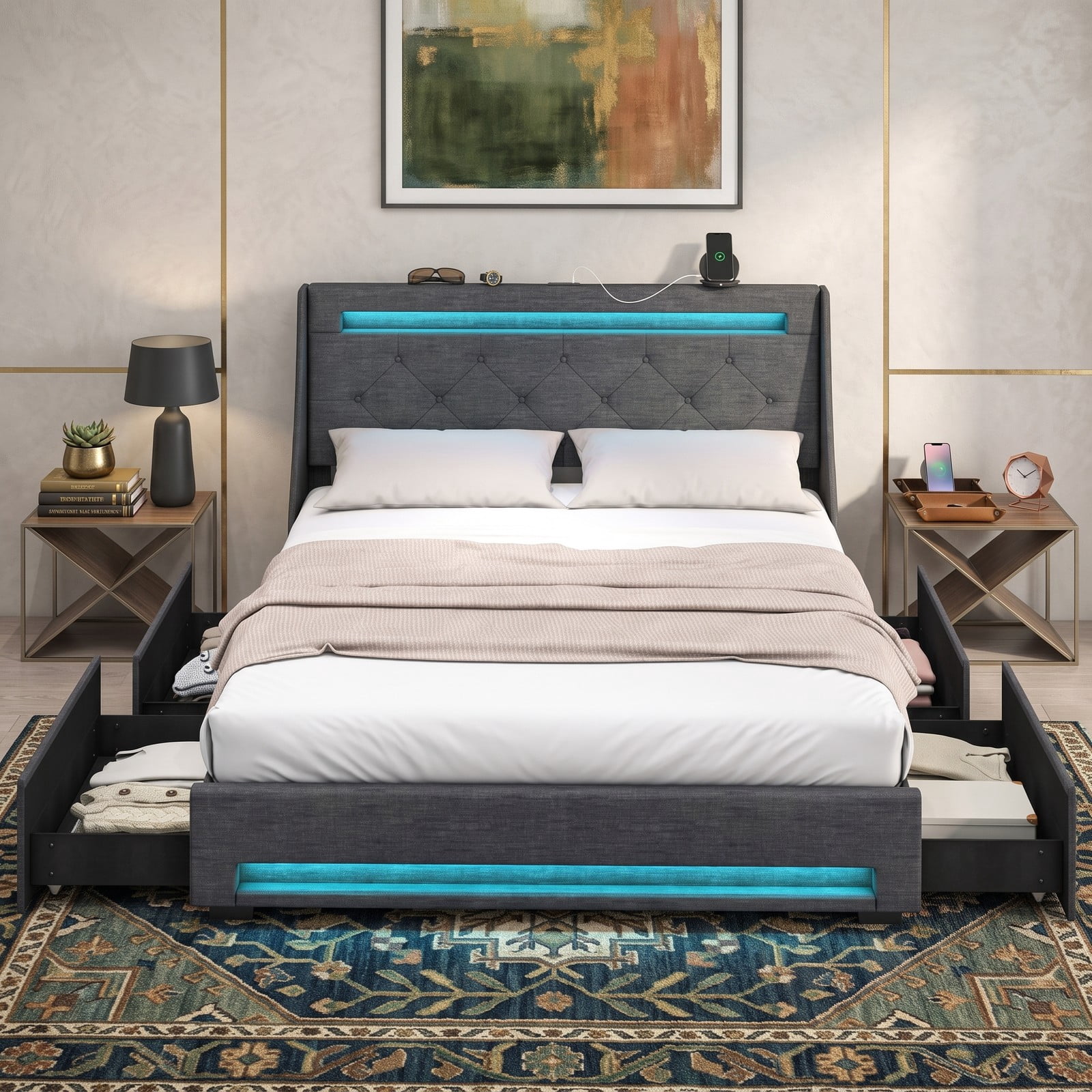 Furnibear Queen Bed Frame Upholstered Platform Bed with LED Lights and Charging Station and 4 Drawers for Bedroom, Gray