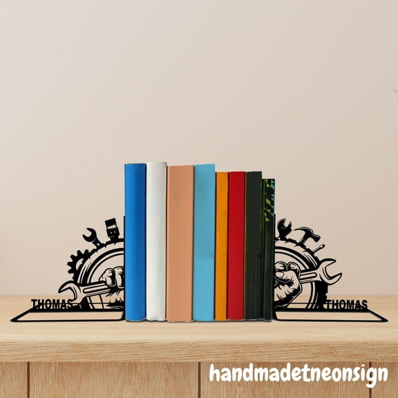 Handmadetneonsign Custom Mechanic Metal Bookends, Mechanic Name Bookend Decor, Bookends for Shelves 71443