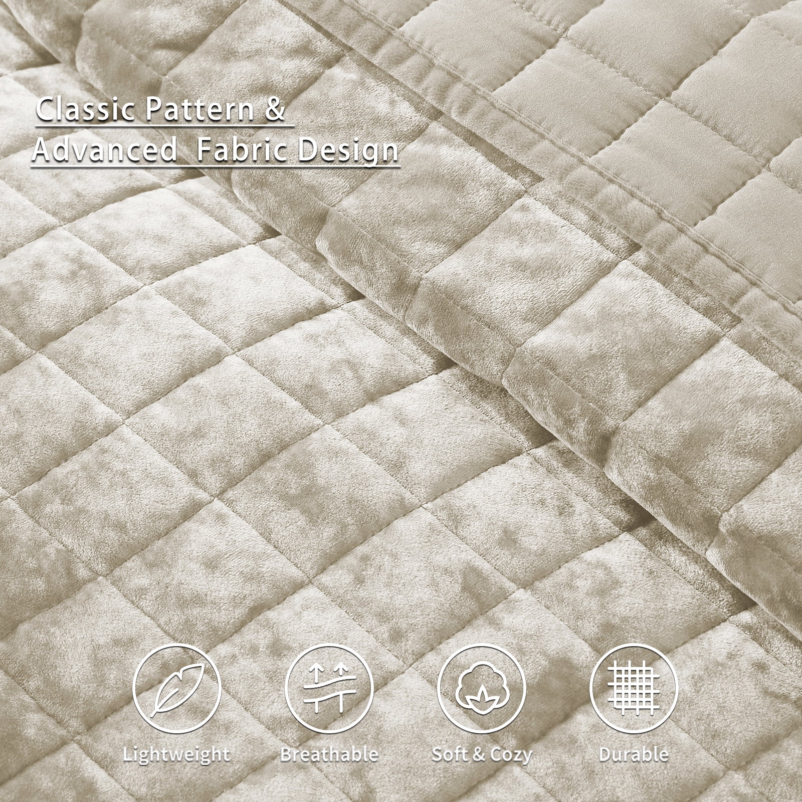 Velvet Quilt King Size-98''x106'', Lightweight Beige Velvet Comforter Set with 2 Pillow Shams, Soft Bedspread Coverlet Quilted Bedding Set for All Season