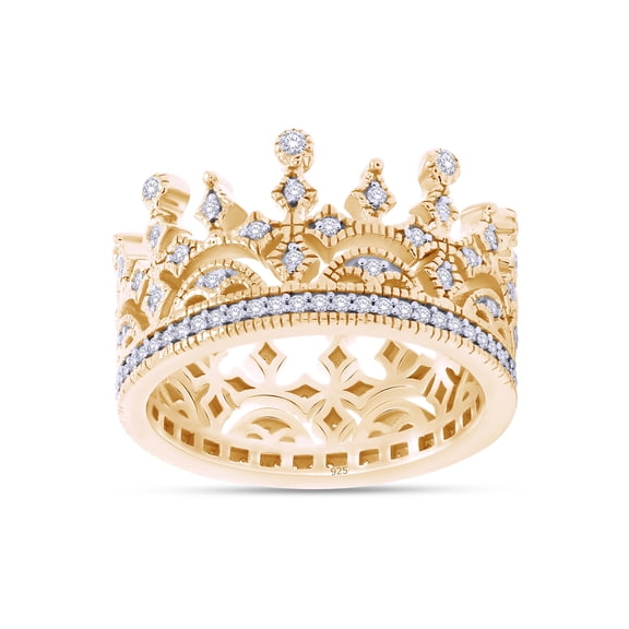 AFFY Royal Style Round Shape White Cubic Zirconia Crown Ring In 14K Yellow Gold Over Sterling Silver
