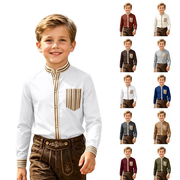 Tisuna Long Sleeve Striped Shirts For Boys Kids Stand Collar Button Down Front Pocket Tops Comfortable Daily Casual Wear Tees For Toddler And Tweens 2-14 Years
