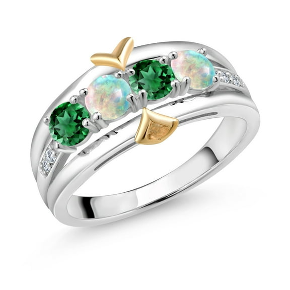 Gem Stone King 925 Sterling Silver and 10K Yellow Gold Green Nano Emerald White Simulated Opal & White Lab Grown Diamond 4-Stone Band Ring for Women | 1.15 Cttw | Size 5,6,7,8,9