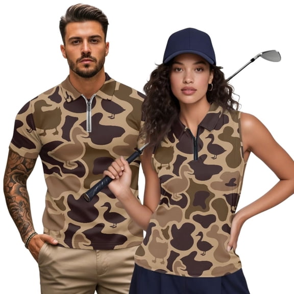Aplkyhs Matching Couple Tennis Shirts Couple Camo Hunting Duck Golf Matching Outfits 4-Way Stretch Golf Shirts for Men Quarter Zip Golf Accessories for Men Suitable for Outdoor Sports