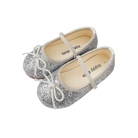 

Colisha Girl Mary Jane Closed Toe Princess Shoe Glitter Flats Kids Elastic Strap Dress Shoes Slip On Silver 6C