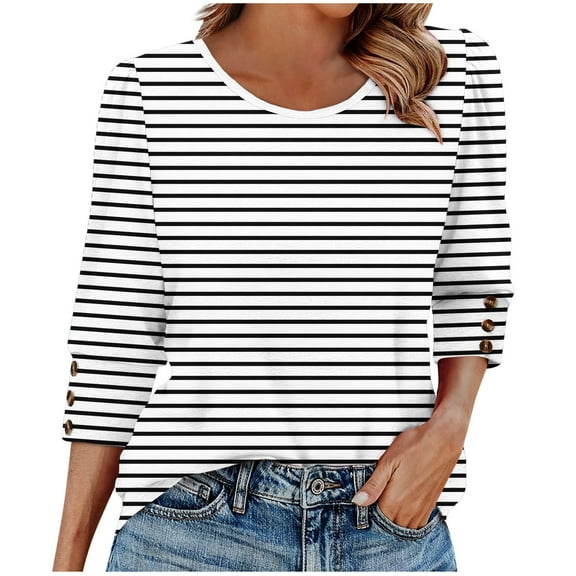 Womens 3/4 Sleeve Tops Loose Fit Dressy Casual Blouse Striped Print Crew Neck Spring Fall Clothes with Button (XL, White 02)