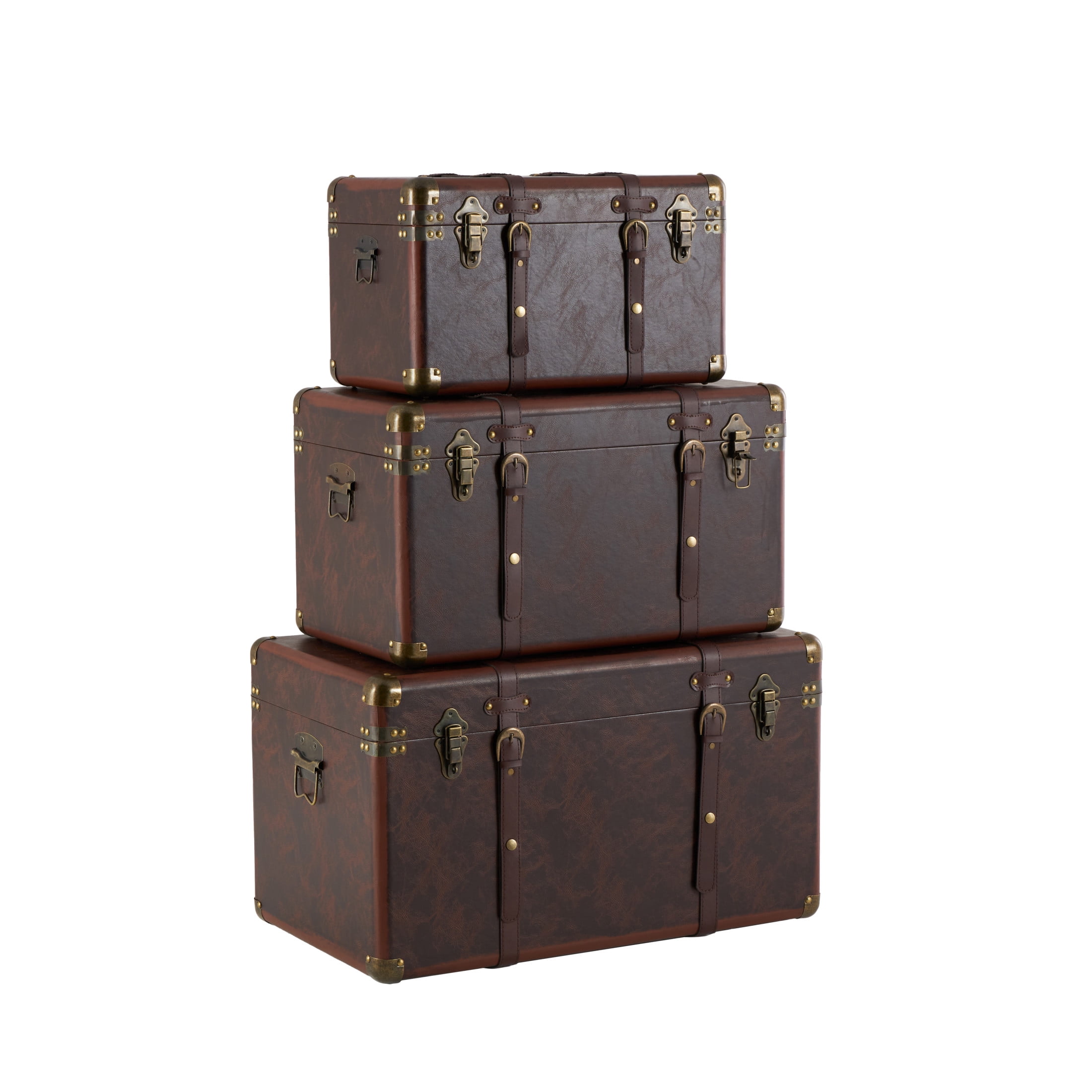 DecMode 19" x 10" Brown Faux Leather Nesting Upholstered Trunk with Vintage Gold Accents and Studs, 3-Pieces