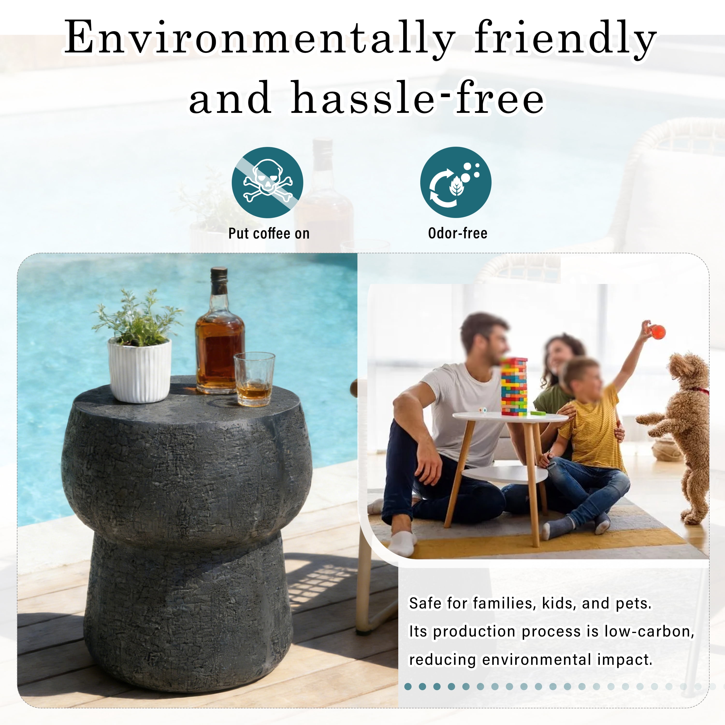 Mintazer 17.8" H Double Barrel Shaped Outdoor Side Table, Distressed Cement Accent Table for Patio Living Room, Black