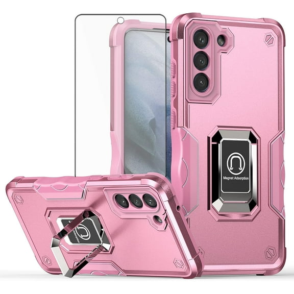 Phone Case for Samsung Galaxy S21 Glaxay S 21 5G 6.2 inch with Tempered Glass Screen Protector Cover and Ring Holder Stand Hard Hybrid Rugged Cell Accessories Gaxaly 21S G5 Women Men Pink
