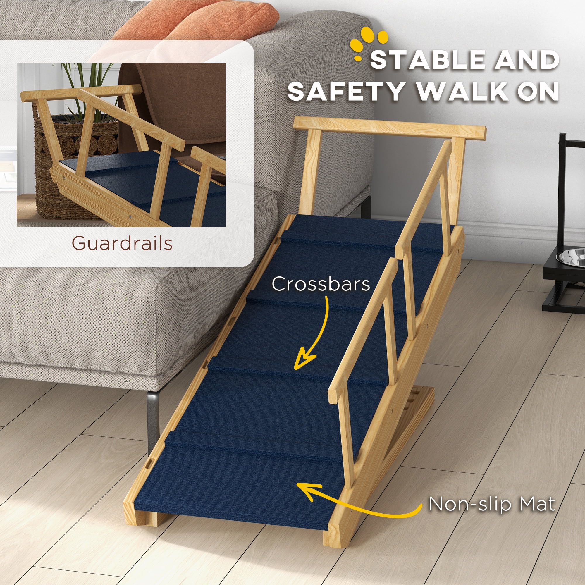 Dog Ramp, Adjustable 4 Height Pet Ramp, Foldable Wooden Dog Stairs with Non-slip Mat for Small to Large Dogs to Get on High Bed or Sofa Couch, Natural Wood Finish