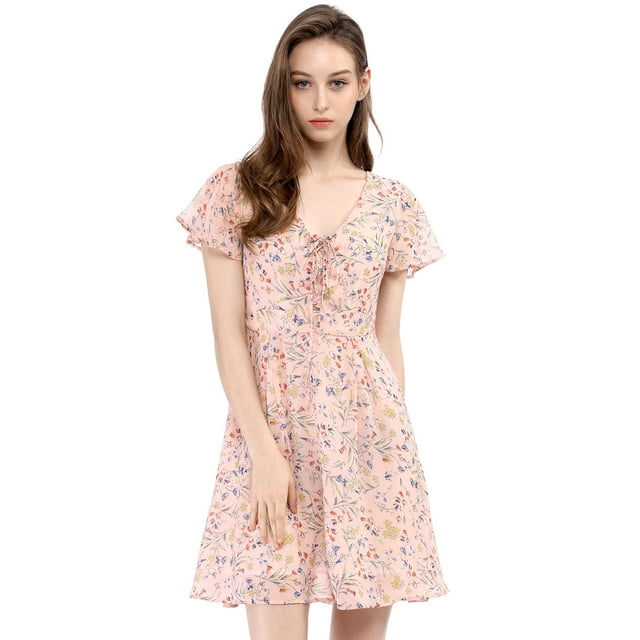 Unique Bargains Women's Floral Lace-up Chiffon Dress