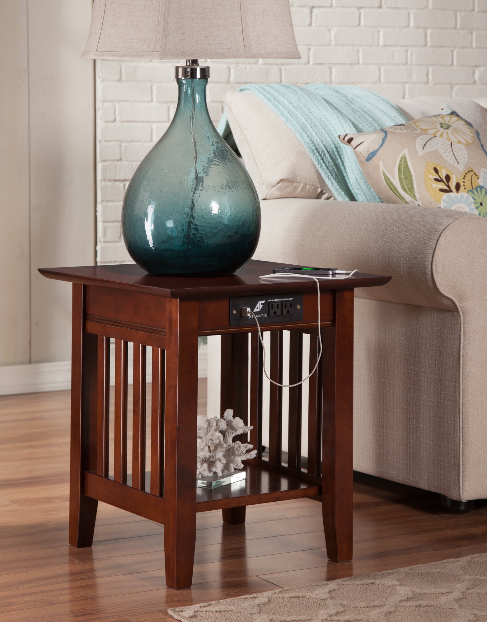 AFI Mission End Table With Charging Station - Espresso Finish, 2 USB Ports, 2 AC Outlets