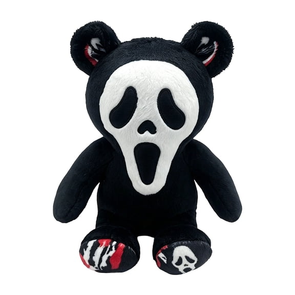 Black Ghost Bear Plush Toy, Spooky Furry Bear Stuffed Animal with Printed and Foot Pads, Soft Sitting Halloween Plushie for Bedroom Sofa Shelf Decor and Fan Gift