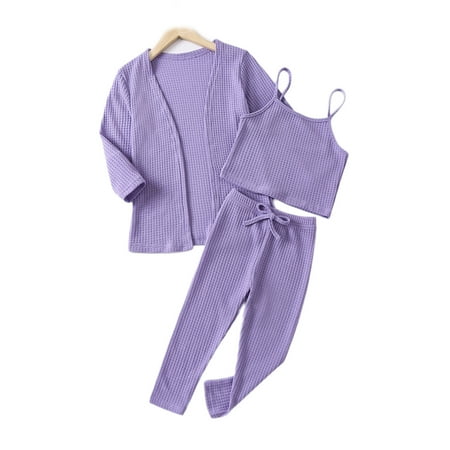 

Virmaxy Unisex Kids Waffle Homewear Pajamas 3-Piece Set Loungewear Pajamas Knit Camisole Top Pants Robe Pajama Set Purple 3T