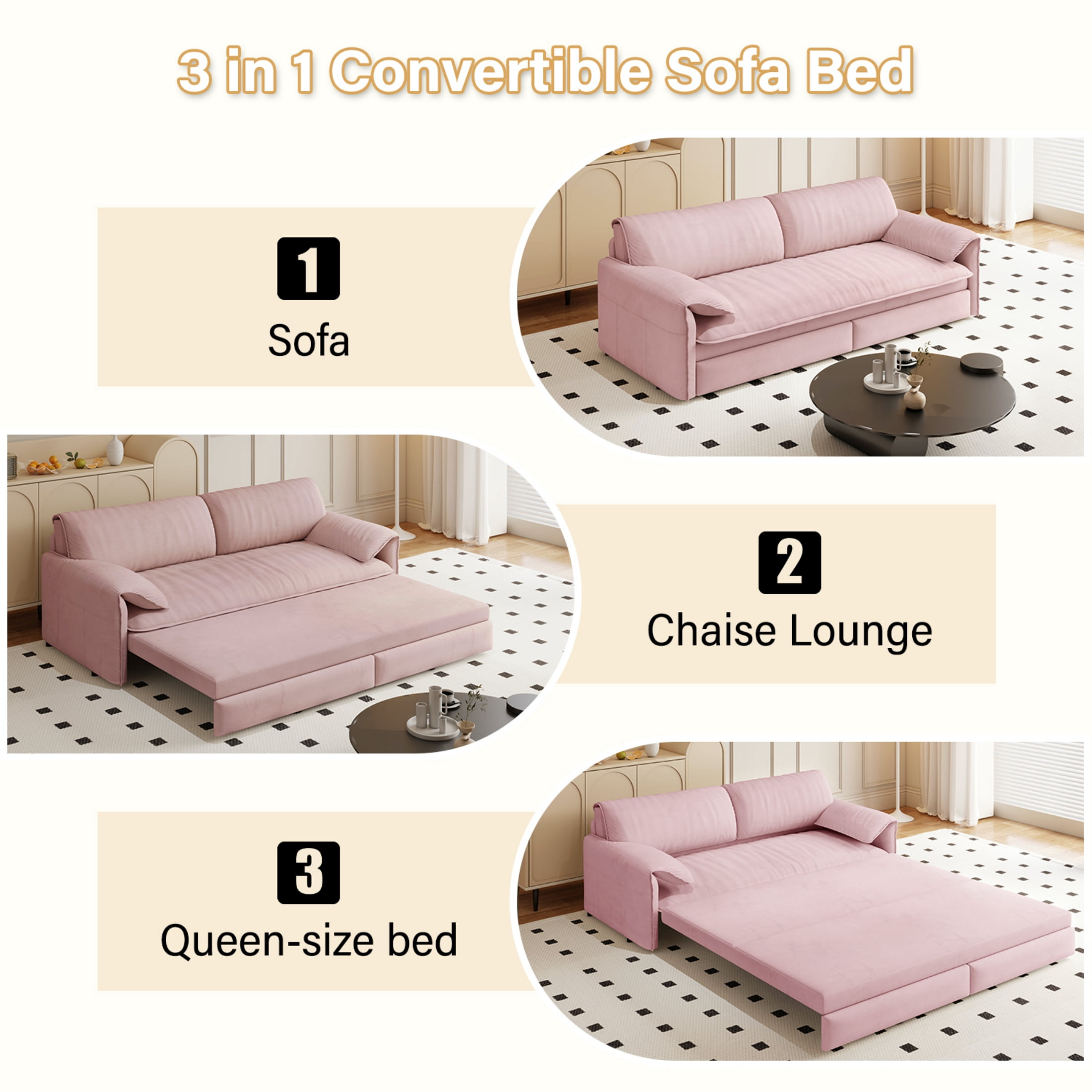 3-in-1 Queen Pull Out Sofa Bed, 66" Velvet Convertible Sleeper Couch with Deep Seat & Storage Pocket, Modern Folding Futon Sofa Bed, Pink
