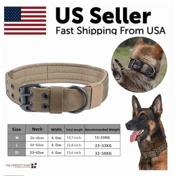 Heavy Duty Tactical Dog Collar 1.5 Inch Wide, Adjustable Nylon K9 Collar with Metal Buckle for Medium Large Dogs, Brown, XL