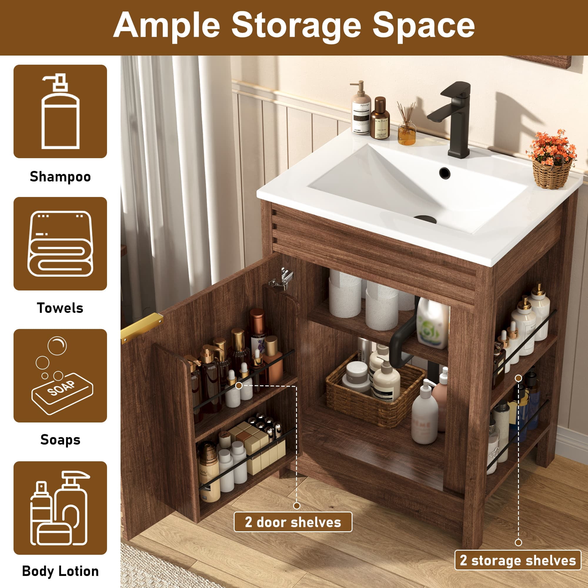 24" Bathroom Vanity Combo with Ceramic Sink & Faucet, Modern Light Oak Single Vanity Set with Fluted Door, Over-the-Door Storage Bthroom Cabinet with 2-Tier Side Shelves for Small Space