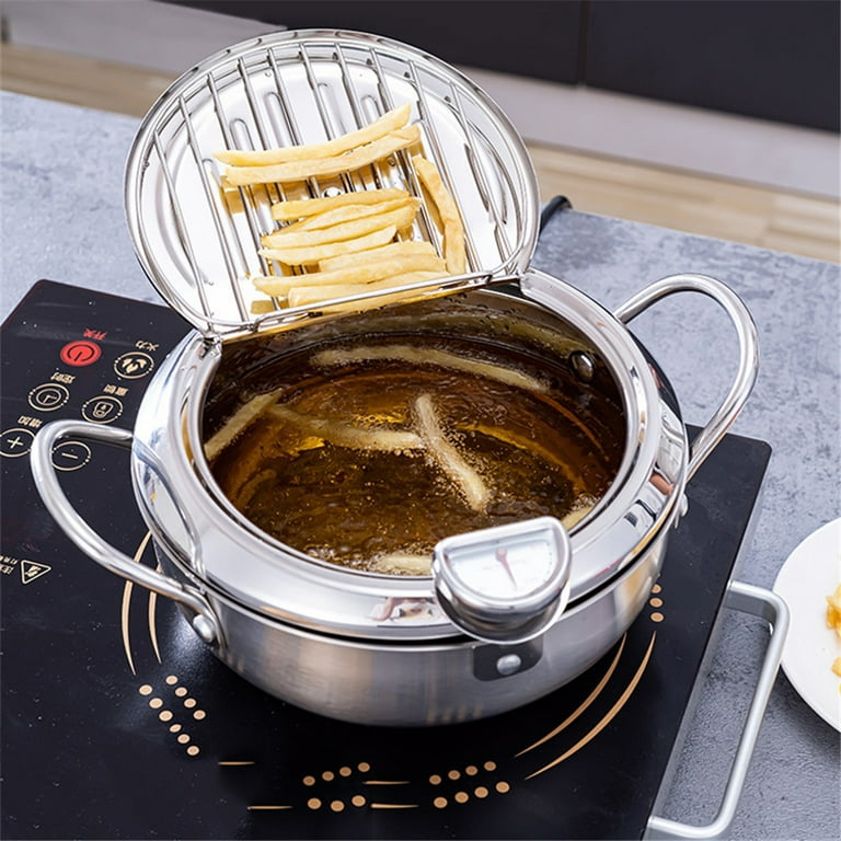 Kerilyn Deep Fryer Pot, 11 Inch/4.2 L Janpanese Style Tempura Frying Pot  with Lid, 304 Stainless Steel with Temperature Control and Oil Drip Drainer