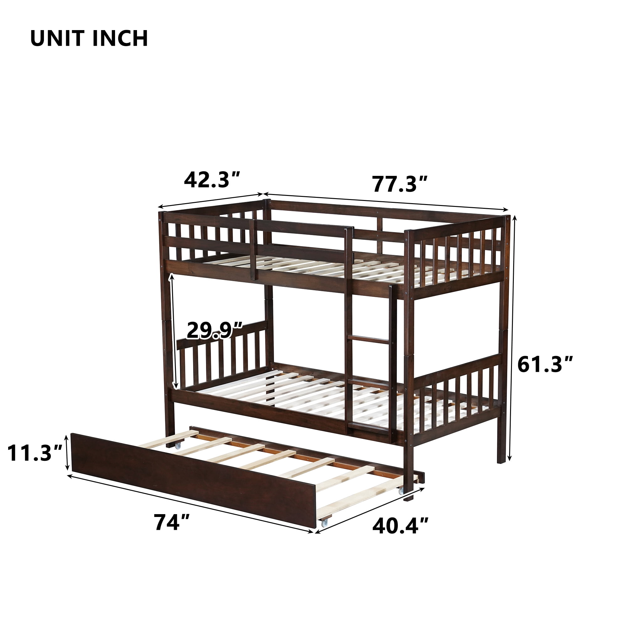 Alvantor Twin Over Twin Wood Bunk Bed Convertible with Trundle Ladder and Guardrail, Espresso