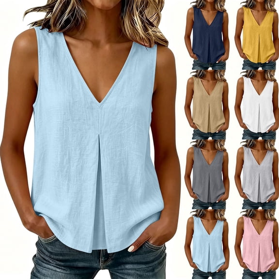 Noric Women's Cotton Tank Tops Sleeveless V-Neck Summer Casual Flowy High Low Hem Pleated Front Loose Fit Blouse