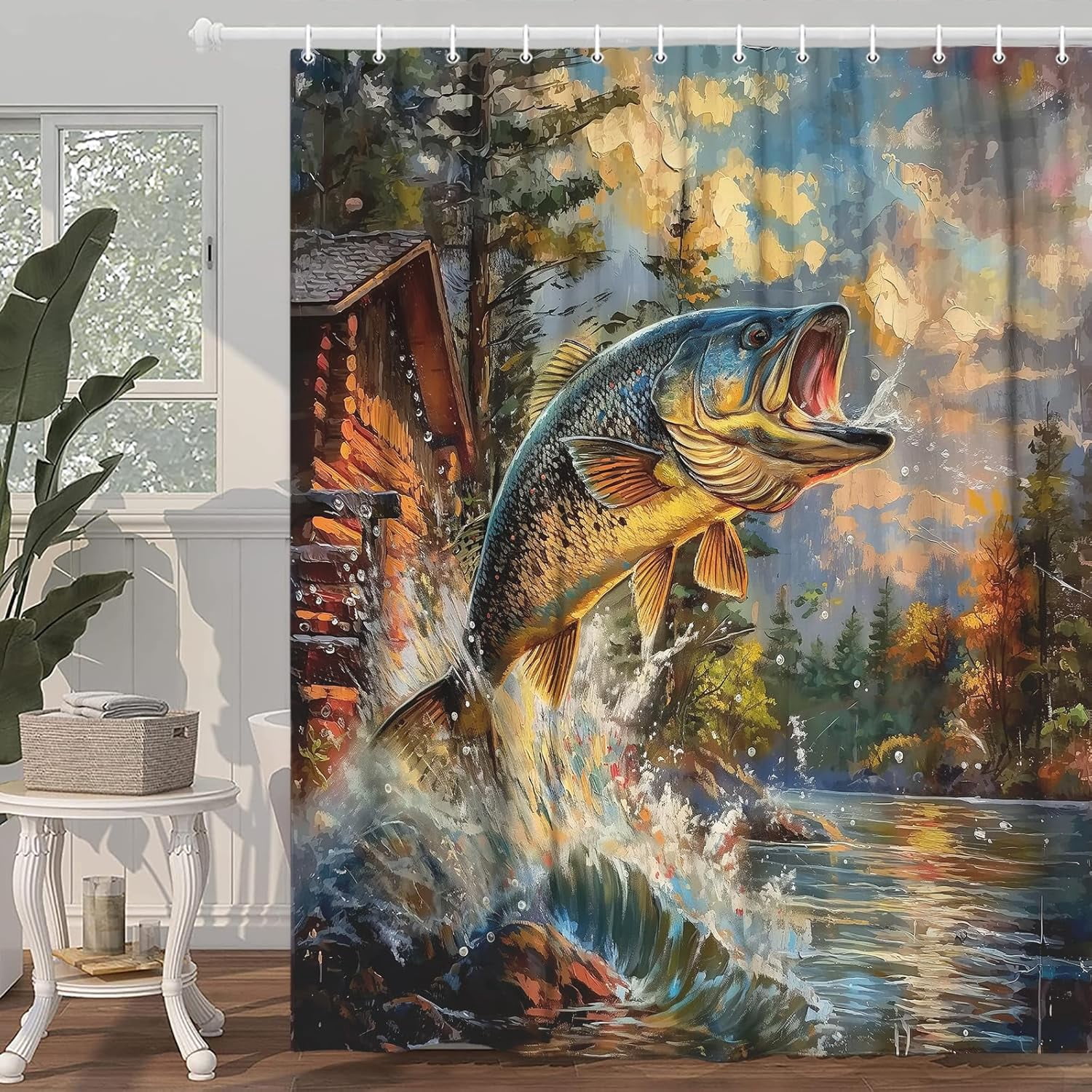 bass fish shower curtain hooks GDHBLING Fishing Men Animal Natural Decorative Cloth Fabric Shower Curtain Set with Weighted Water Resistant,Light Blue Green,72x72 Inch : Home & Kitchen In this bright season East Urban Home Rustic Cabin