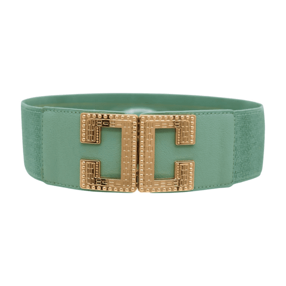 Women Jade Teal Elastic Wide Fashion Belt Gold Metal C Buckle Size S M