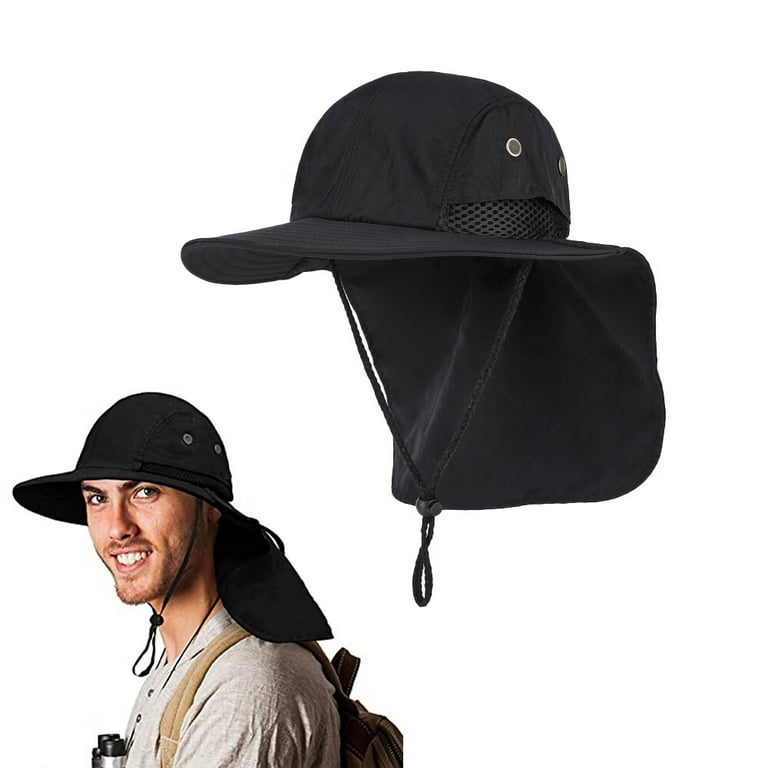 MOUIND Mens Fishing Hat with Neck Flap for Men，Sun Hat with Wide Brim for  Hiking Safari Hat with Neck Cover for Outdoor Sun Protection Fisherman Hat  - Black 