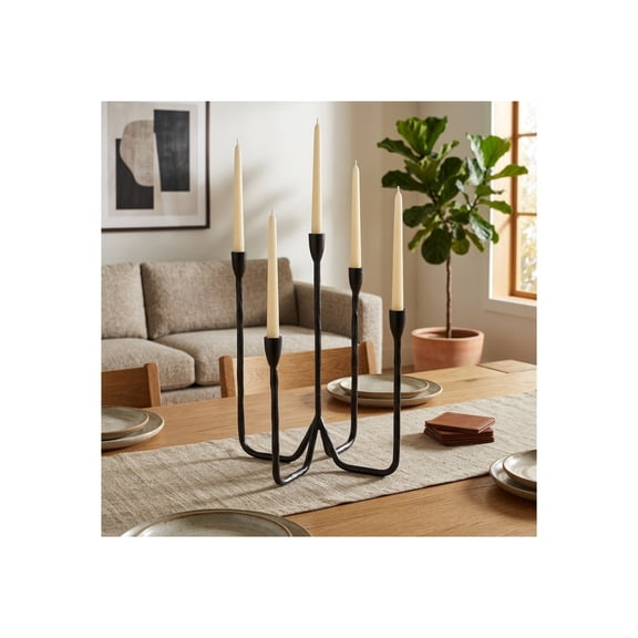 Modern Metal Iron Candelabra Candle Holder for Dining Tables - Five Architectural Arms Taper Candle Holders for Refined Centerpieces - Elegant Candlestick Holder for Home Decor - 17", Black