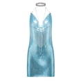 thumbnail image 2 of Women Sexy Halter Mini Dress Y2K Low Cut Mini Dress Sleeveless Cowl Neck Spaghetti Strap See Through Metal Chain Halter Sequin Glitter Sparkle Dance Costume Festival Club Cover Up Ladies, 2 of 3