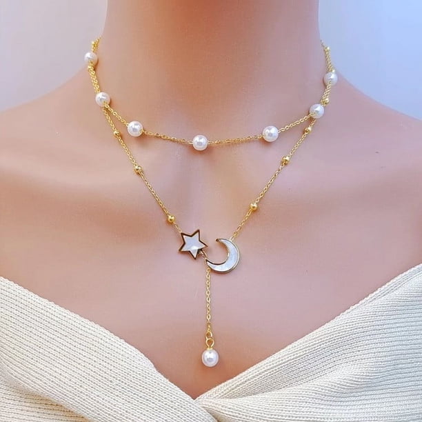 Zhuge Colgante de collar hecho a mano, collar de doble capa con perla, luna y estrella (oro)