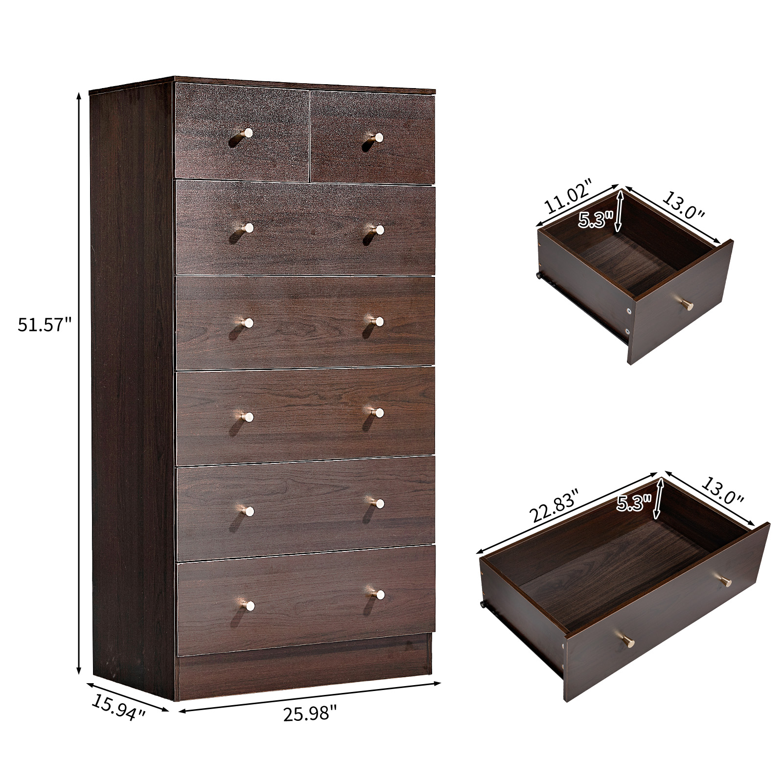 7 Drawer Cabinet, Matte Gold Handles Textured Linen Melamine Particle Board Cabinet, Tall Space-Saving Storage Organizer for Bedroom Office Living Area