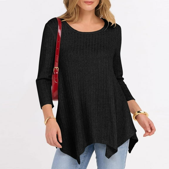 Sevevn Women's Casual Crew Neck Blouse Solid Color Ribbed Knit Loose Peplum 3/4 Sleeve Tunic Dressy Tops Black XXL