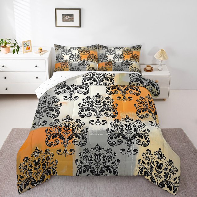 Erosebridal Vintage Damask Bedding Full Comforter Set, Gray Orange Abstract Aesthetic Down Comforter, Reversible 3pcs