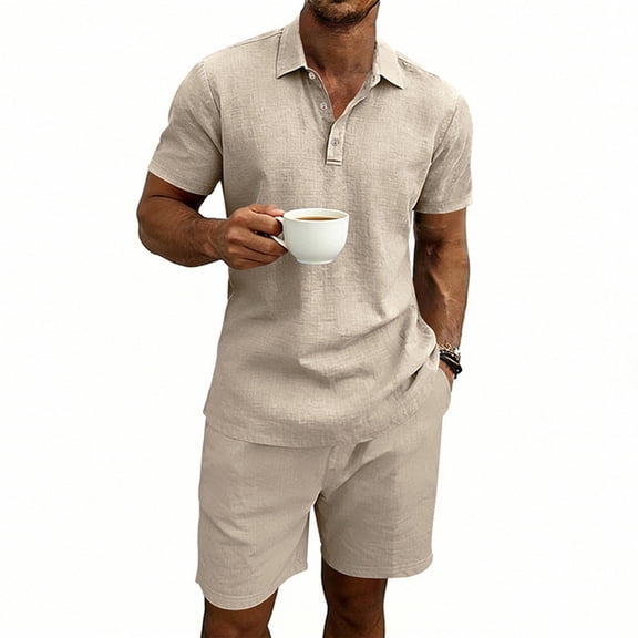 GrmtClth Men's Linen Henley 2 Piece Short Set, Casual Short Sleeve Henley Shirt with Button Detail & Elastic Drawstring Waist Shorts Khaki 3XL