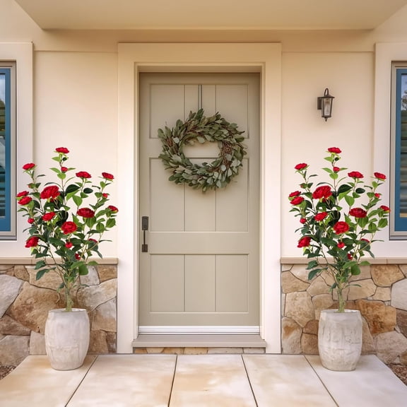 3FT Artificial Camellia Tree   2 Pack Faux Potted Plants, Red Lifelike Flowers, Great for Home, Office, Living Room, Christmas & Indoor Decor