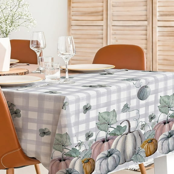 Fall Pumpkin Tablecloth 60 x 102 Inch Watercolor Autumn Plaids Table Cover Seasonal Pink Grey Pumpkin Table Cloth for Farmhouse Thanksgiving Kitchen Dining Table Picnic Decoration