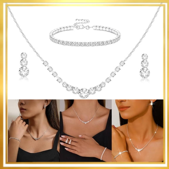 Silver Plated Jewelry Set for Women Rhinestone Crystal Necklace Drop Earrings Link Bangle Bracelet Bridal Wedding Jewelry Sets for Brides Prom Costume Accessories