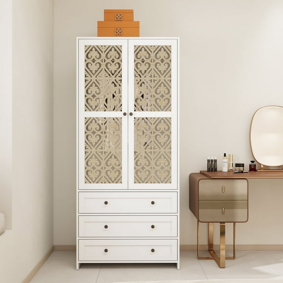 MDQMD 71''Tall Wardrobe with Hanging Rod for Bedroom,Carved Storage Cabinet with 3 Drawers for Living Room,Modern White Armoire Closet Storage
