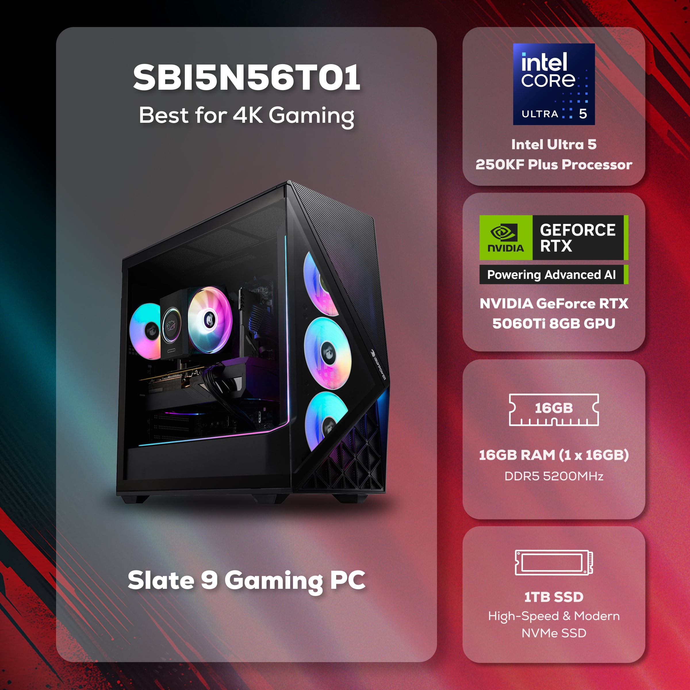iBUYPOWER Slate Gaming PC Desktop Computer Intel Core Ultra 5 250KF Plus CPU, NVIDIA RTX 5060Ti 8GB GPU, 16GB DDR5 RGB 5200MHz RAM, 1TB NVMe SSD, Windows 11 Home, Gamer Keyboard and Mouse- SBI5N56T01