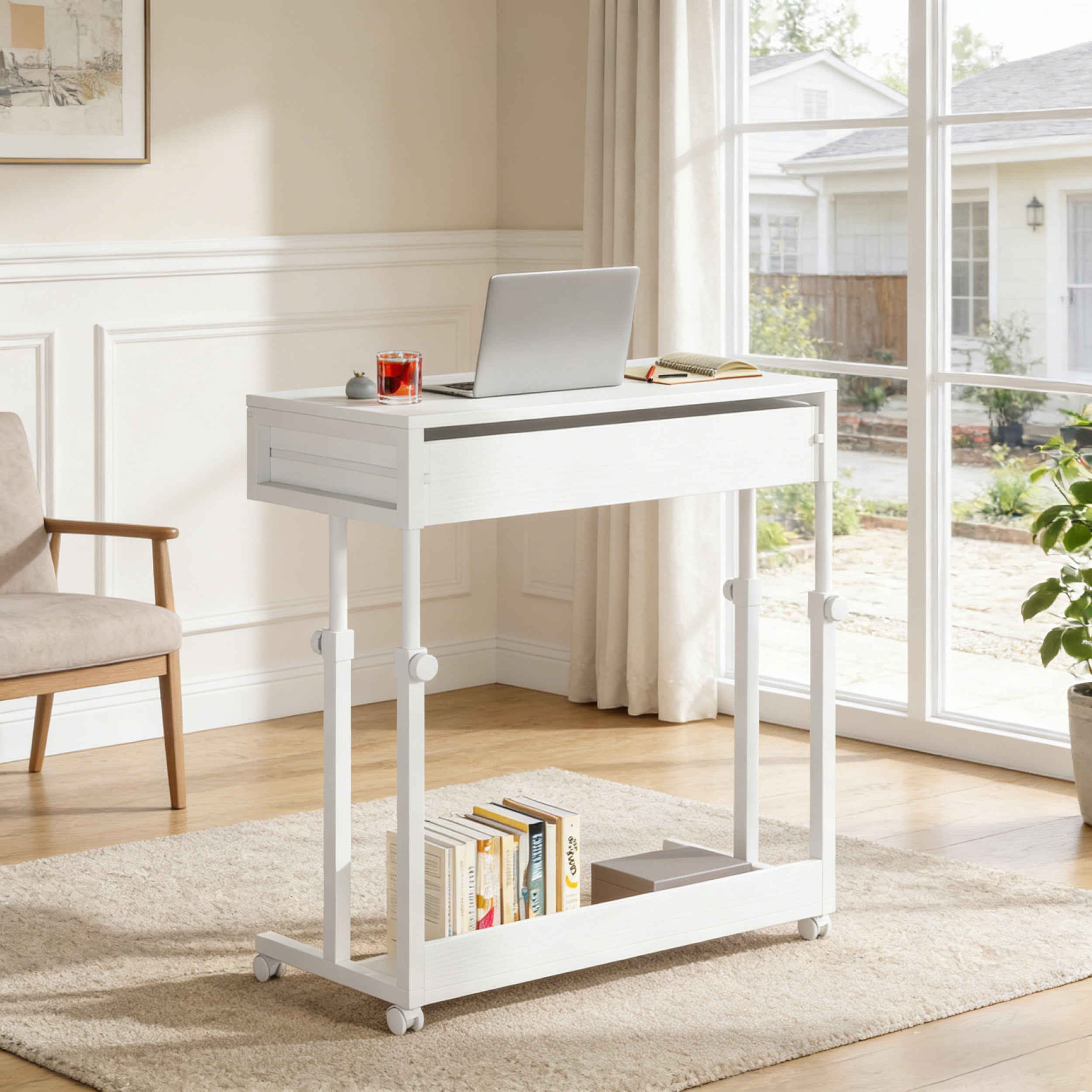 Fnova Mobile Desk with Drawers, Portable Laptop Desk on Wheels, Sofa Side Table, Bed Desk, Small Standing Desk for Home Office