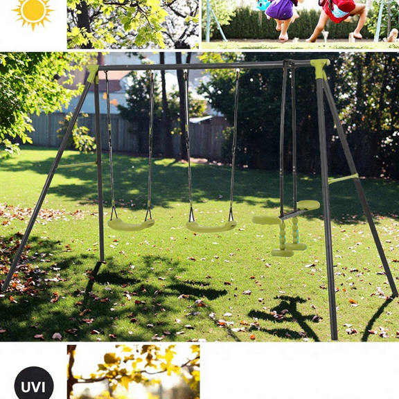 Commercial-Grade Triple Seat Metal Swing Set for Kids - 440lbs Capacity Outdoor Playground Equipment with Safety Harness, Green & Black (Ages 3 )