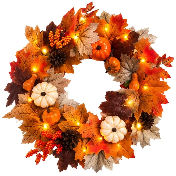 YOYTOO 20 Inch Fall Wreath with LED Lights, Thanksgiving & Halloween Wreath for Front Door Decoration, Artificial Farmhouse Wreath with Pumpkins, Berry, Maple Leaf, Pine Cone, Indoor/Outdoor
