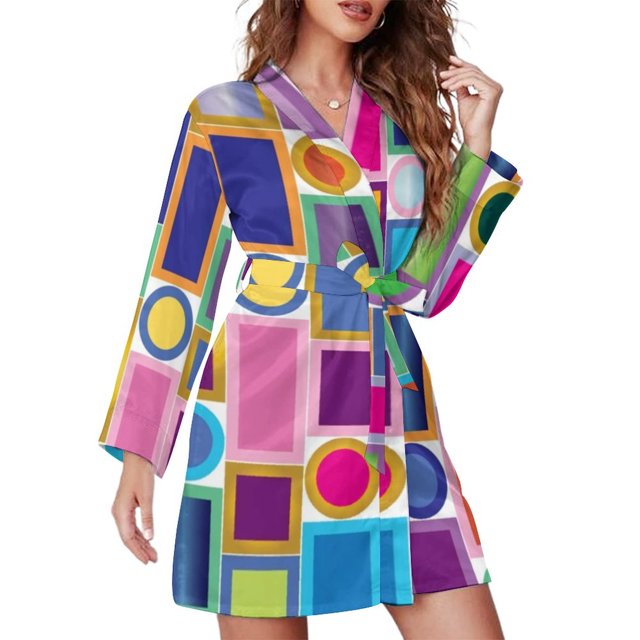 Mid-Century Print Pajama Robe V Neck Abstract Turquoise Retro Sleepwear Lady Long Sleeve Soft Pajamas Robes Spring Room Dresses