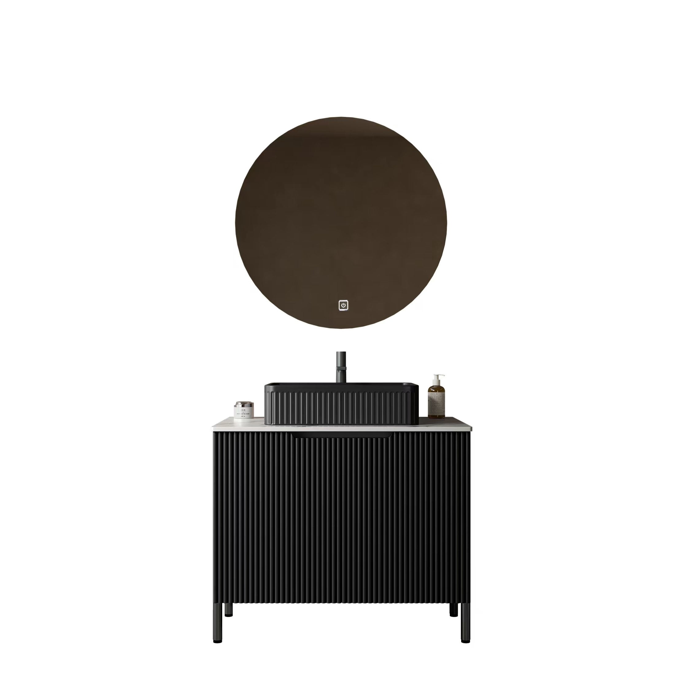 Noble House TURIO 30" Bathroom Vanity with Sintered Stone Countertop, Storage Cabinet, Black Rectangle Basin, Black