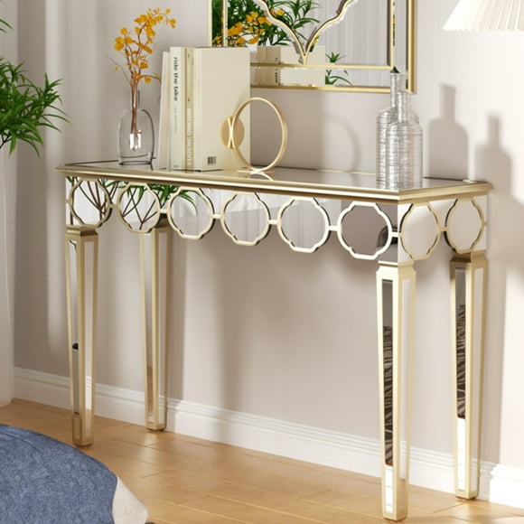 Wisfor Mirrored Console Table Entrance Hall : Luxury Elegant Hallway Table 120 x 35 x 76cm Silver Hallway Table with Gold Mirror-finished Tapered Legs Glass Console Tables, Foyer Entrance Table